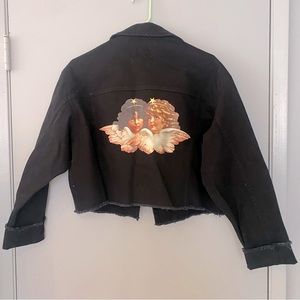 Fiorucci black cropped Berty jean jacket. Classic angel design.
